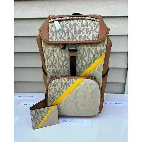 Michael Kors Mens Cooper Backpack Logo Stripe Bag & Wallet Bundle Set Chino